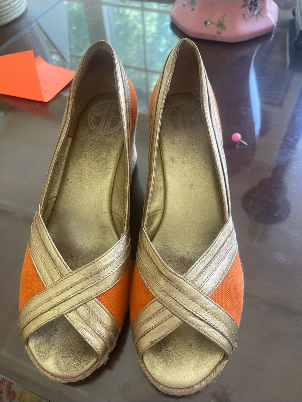 Lilly Pulitzer Orange and Gold Cross-Strap Wedges